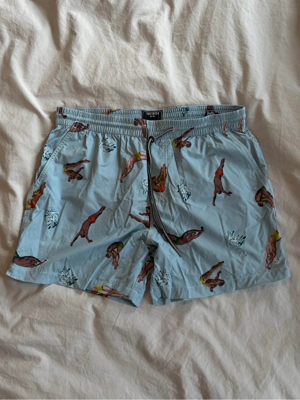 Todd Snyder Light Blue Diver-Print Swim Trunks